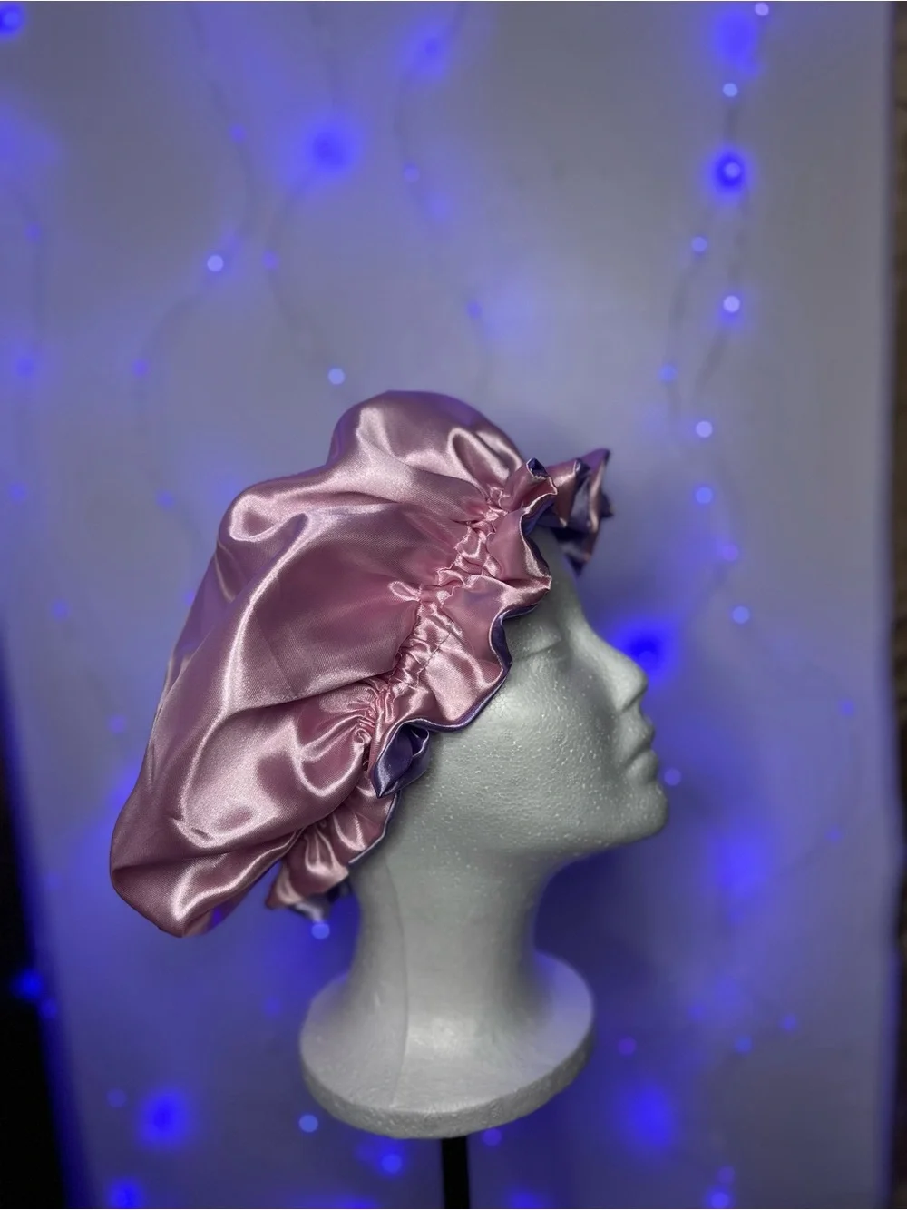 Lavender & Pink Ruffle Edge Satin Bonnet – Double-Sided Sleep Cap for Women